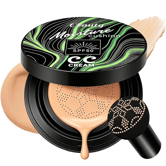 Cushion Foundation Air Cushion CC Cream - Natural Finish, Buildable Coverage Foundation, Even Skin Tone, Tattoo cover up, Moisturizing Concealer Cream Foundation Makeup (Buff Beige)