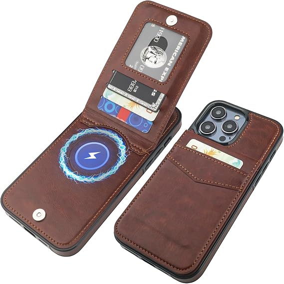 KIHUWEY for iPhone 13 Pro Max Case Wallet Compatible with MagSafe Wireless Charging, Credit Card Holder, RFID Flip Leather Magnetic Clasp Kickstand Heavy Duty Protective Cover 6.7 Inch (Brown)