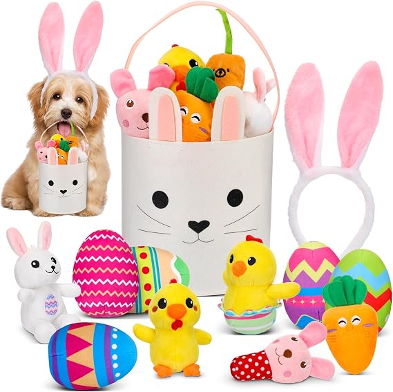 12 Pcs Easter Basket Playset, Easter Dog Toys, Dog Squeaky Toys Plush Easter Eggs Bunny Shape Stuffed Dog Toy Interactive Chew Toy for Dogs Training Teeth Easter Decoration