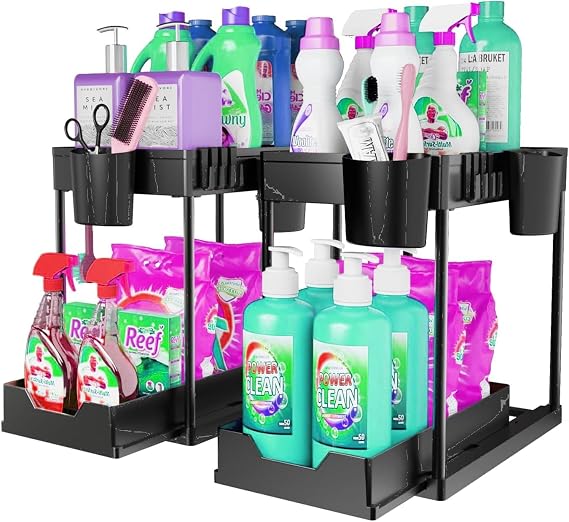 2 Pack Under Sink Organizers and Storage Bathroom, 2 Tier Under Sliding Kicthen Cabinet Basket Organizer with Hooks, Hanging Cup, Dividers, Handles, Multi-purpose Under Sink Shelf Organizer