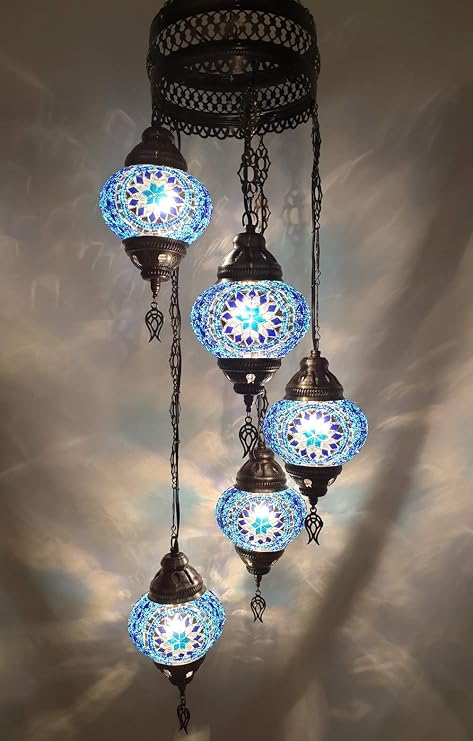 DEMMEX (Customizable Globes) 2019 Hardwired or PLUGIN 5 Globes Chandelier Lights Turkish Moroccan Mosaic Ceiling Hanging Pendant Chandelier Light Lighting (Hard-Wired)