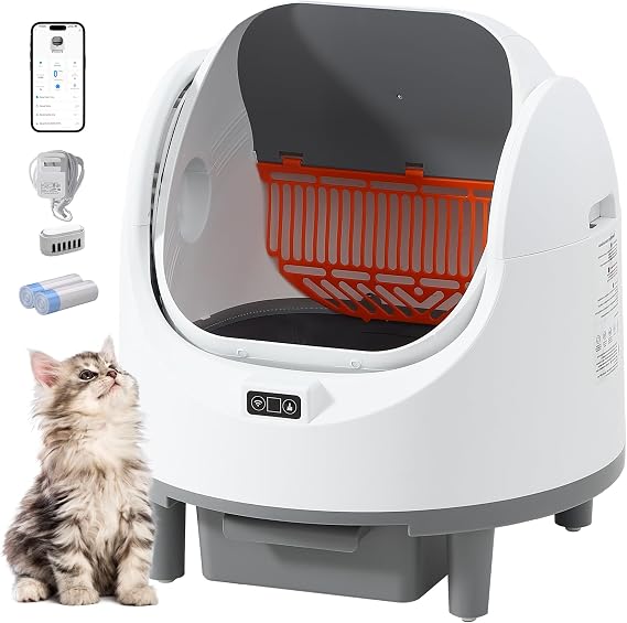 Automatic Cat Litter Box, Self Cleaning Litter Box with APP Control | Large Robot Kitty Litter Box for Multiple Cats with Safety Sensors, Odor Removal, 2 Roll Garbage Bags, 90L Open-Top Design