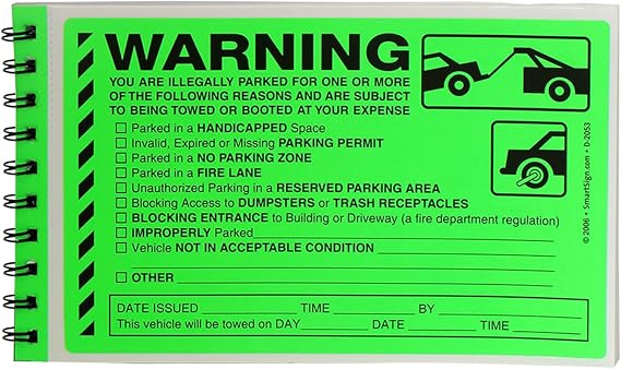 SmartSign Warning You are Illegally Parked Stickers | Book of 50 Labels with Liners, 5 x 8 inch, Tow Warning Parking Violation Sticker, Hard to Remove Write-On Tickets, Fluorescent Green