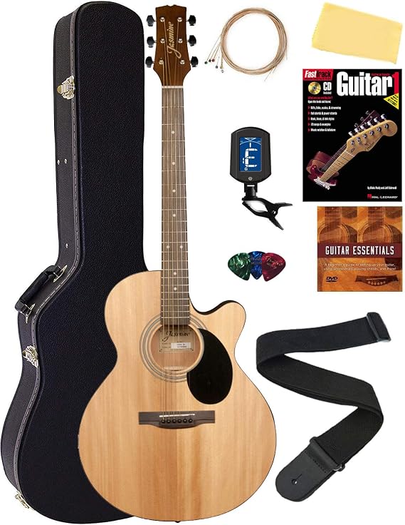 Jasmine S34C NEX Orchestra-Style Cutaway Acoustic Guitar - Natural Bundle with Hard Case, Strings, Tuner, Strap, Picks, Instructional Book, DVD, and Austin Bazaar Polishing Cloth