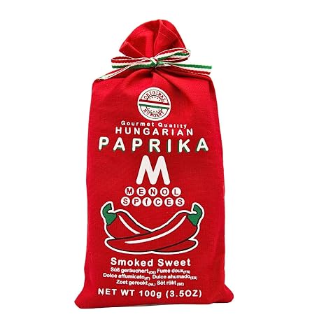 Menol Spices Original Hungarian Paprika Powder Smoked Sweet 100 g Peppers smoked over beech wood bright colour never bitter hand wrapped in cloth bag for paella and bbq