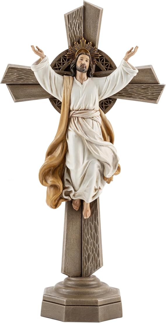 Grace4Joy Standing Crucifix - 12.5 Inch Risen Christ Crucifix Standing Easter Table Altar Decor, Hand Painted Jesus Resurrection Cross with Base Religious Housewarming Gifts