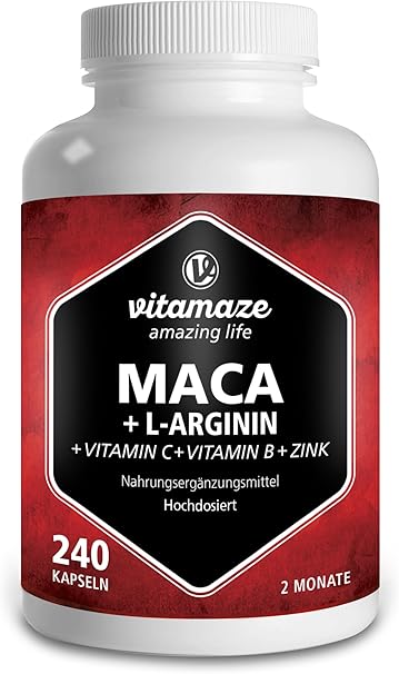 maca capsules high dose 4000 mg + l-arginine 1800 mg + vitamins + zinc 240 capsules for 2 months quality product made in germany now at a promotional price 1