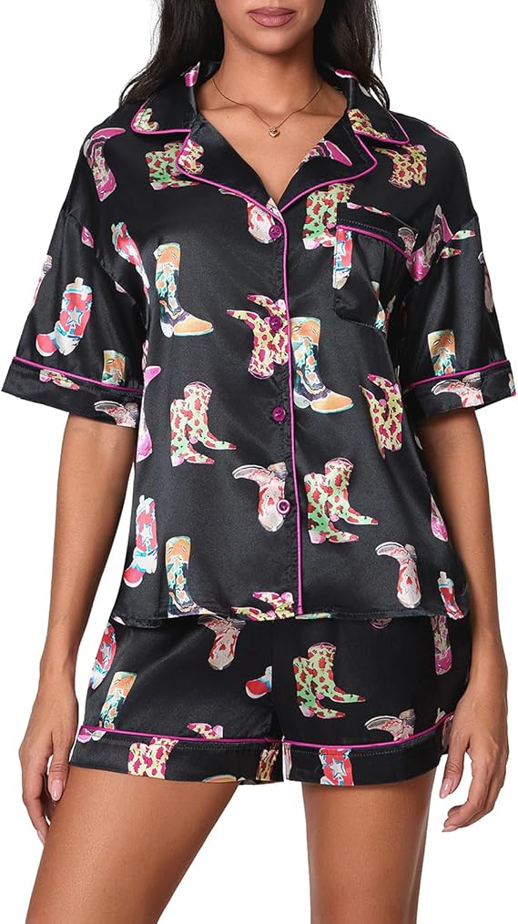 Yiulangde Cowboys Boot Pajamas for Women Y2k 2 Piece Heart Bow Preppy Pjs Coquette Short Sleeve Shirts Matching Pj Shorts Set