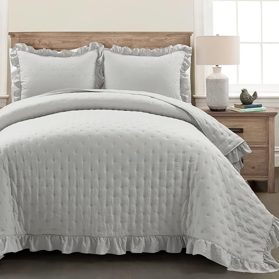 Lush Decor Reyna Ruffle Reversible Oversized 3 Piece Quilt Set, Full/Queen, Light Gray