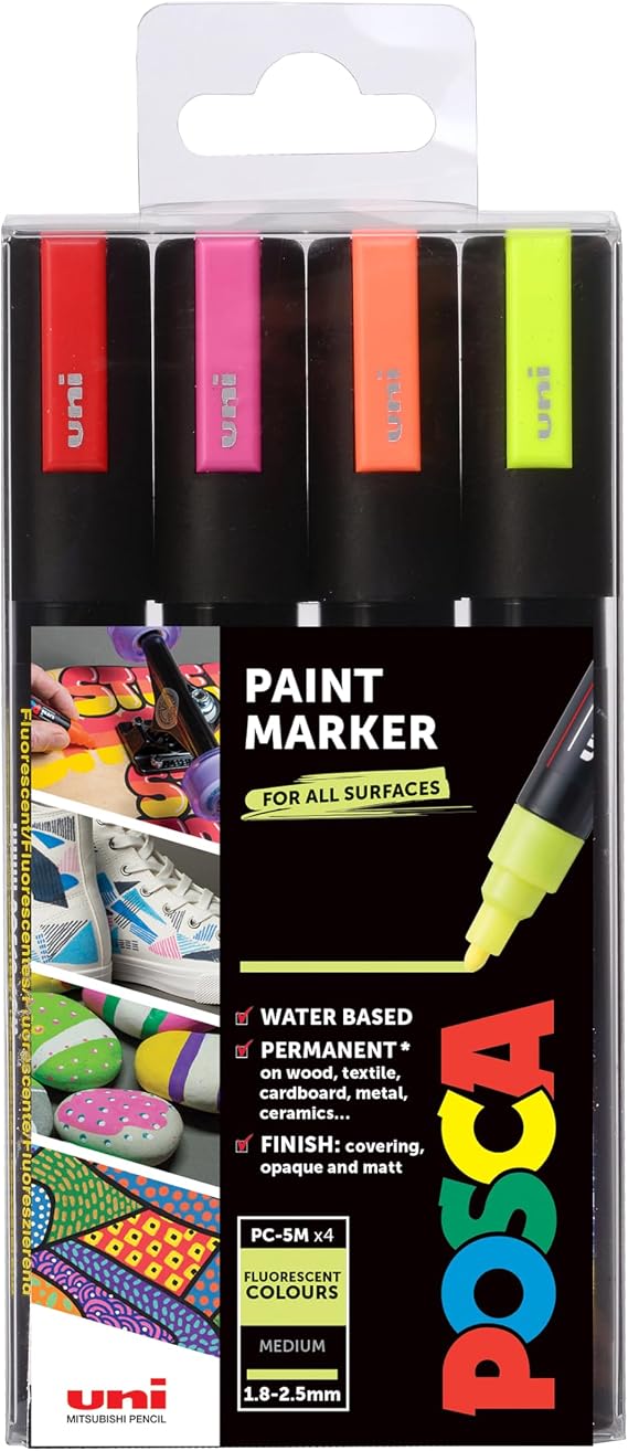 Posca Fluorescent Markers Set of 4, Paint Pens with Bullet Tip for Art & Crafts, Multi Surface Use On Wood Metal Paper Canvas Cardboard Glass Fabric Ceramic Rock Pebble