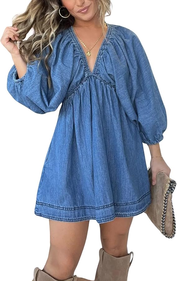utcoco Denim Dress for Women Puff 3/4 Sleeves V Neck Swing A Line Cute Babydoll Mini Jean Dresses for Women 2026 (Large, Blue)