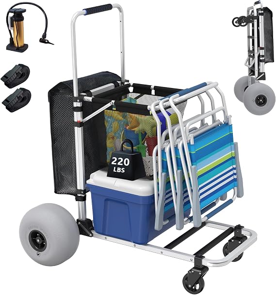 GDLF Foldable Aluminum Beach Cart with 12-Inch Balloon Wheels for Sand | 220 lb capacity, adjustable handle and 29.5 x 16 in cargo deck carry chairs, coolers and beach gear with less effort.