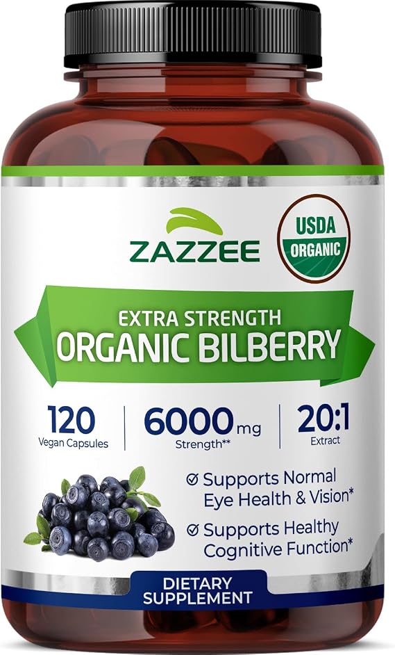 Zazzee USDA Organic Bilberry 20:1 Extract, 120 Capsules, 4 Month Supply | Vegan, Vaccinium Myrtillus, Eye Health, Vision & Antioxidant Support, All-Natural, Non-GMO, Made in the USA