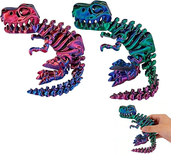 2Pcs 3D Printed Dinosaur Skeleton Toy Articulated Dinosaur Bones Fidget Toy Realistic Flexible Joints 3D Printed Animals Model Desk Decor for Home Office Stress Relief Gift for Kids Adults