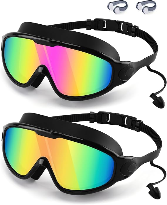 WIN.MAX Swimming Goggles 2 Pack Anti Fog Anti UV Clear View Large Frame Easy to Adjust Swim Goggles for Men Women Adults