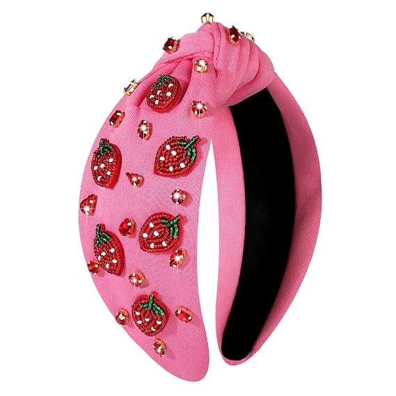 Summer Headband for Women Beaded Flower Palm Leaf Watermelon Fruit Headband Rhinestone Jeweled Knotted Hairband Boho White Pink Wide Top Knot Hairband Summer Beach Hair Accessories (Strawberry A)