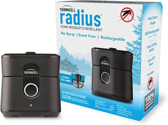 Thermacell E-ZoneGuard Radius Rechargeable Mosquito Repeller 5.5-Hr Battery | Black; 10-FT Zone; 12-Hr Refill; Proven Outdoor Protection; Patio Shield; Bug Spray Alternative; Scent Free; DEET-Free