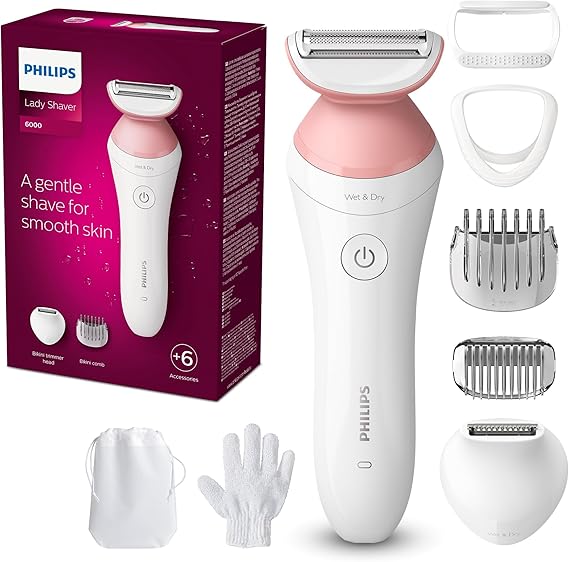 PHILIPS Lady Shaver Series 6000 Wireless Razor with 6 Accessories Body Exfoliating Glove Bikini Zone Trimmer (Model BRL146/00), White/Pink