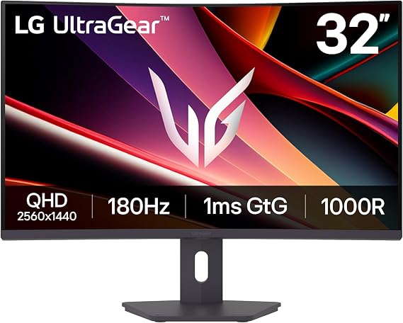 LG 32G600A-B 32-inch Ultragear QHD (2560 x 1440) Curved Gaming Monitor, 180Hz, 1ms, AMD FreeSync, HDMI, DisplayPort, Tilt/Height/Swivel Adjustable Stand, Black