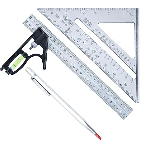 3 Pcs Combination Square Set,with Spirit Level and 45-90 Degree Marking | Carpenters Square Tool,12 Inch Combination Triangle Ruler,7" Metric Speed Squares with Marking Pen for Accurate Measurement