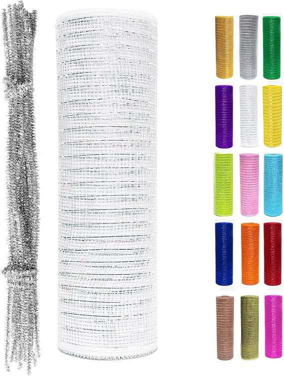 White Metallic Deco Mesh Ribbon Roll 10 inch x 30 feet (10 Yards) for Christmas Tree, Wreaths, Swags, Garland, Holiday Decorations Glitter Foil Gift Wrapping Craft
