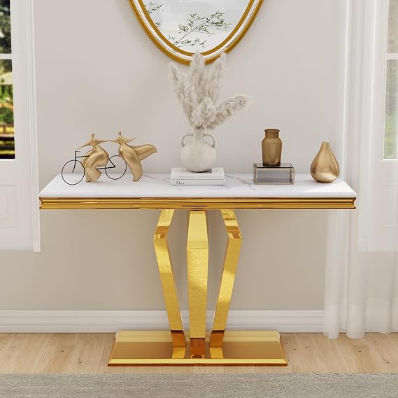 ACEDECOR Gold Console Table with Glossy Tabletop for Living Room, Hallway | Luxury White and Gold Sofa Table, 50 inch Rectangle Entryway Table with Polished Geometric Base