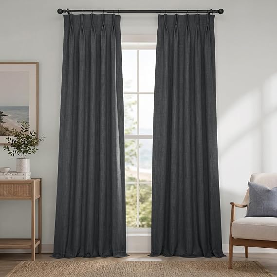 Faux Linen Pleated Curtains for Bedroom (1 Panel) - 25W x 96L, Dark Gravel