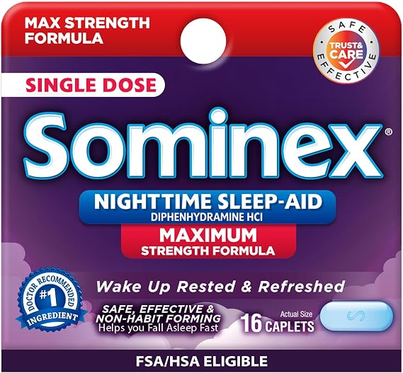 Sominex Nighttime Sleep-Aid Tablets, Maximum Strength Formula, Single Dose, Assorted, 16 Count