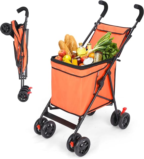 60lbs LBS Capacity Shopping Cart, Upgrade Medium Grocery Cart on Wheels,Heavy Duty Foldable Utility Shopping Carts 360 Rolling Swivel Wheels for Office Shopping Picnic Groceries Laundry (Orange)
