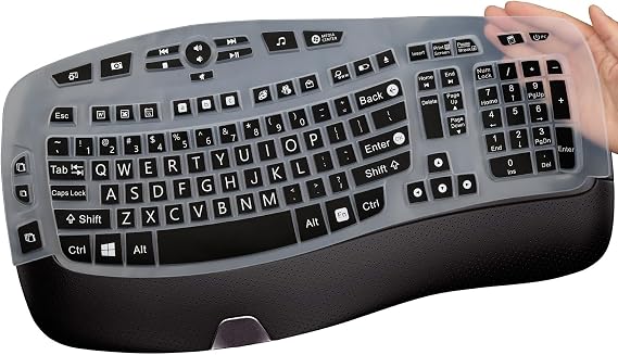 MUBUY-GOL Large Print Keyboard Cover for Logitech K350 Wireless Wave Keyboard, MK570, MK550; Black Silicone; Water Resistant, Dust Proof, Washable