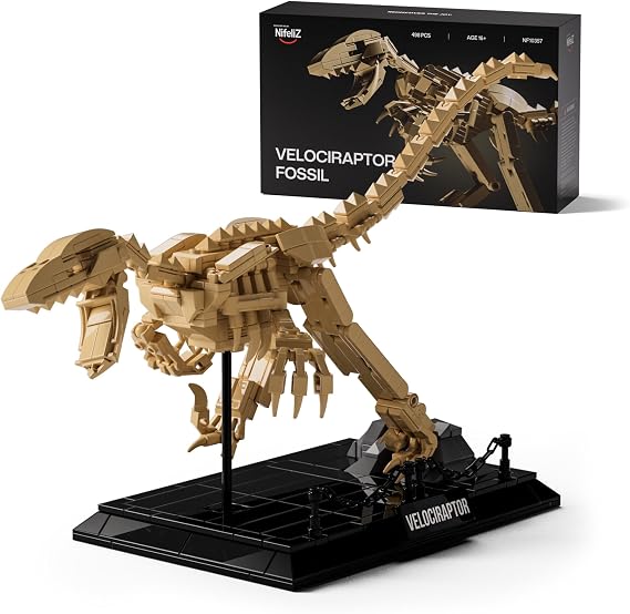 Nifeliz Velociraptor Fossil Model Set, Dinosaur Skeleton Building Set with Display Base for Adults, Collectible Gift for Dinosaur Enthusiasts (498 PCS, NF10357)
