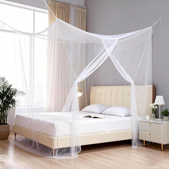 4 Corner Mosquito Net for Bed, Twin Size Canopy Netting Drapes | Ultra Fine Mosquitero Bug Protection Net for Bedroom Patio Camping and Outdoor Travel, White, L75 X W35 X H59 Inch
