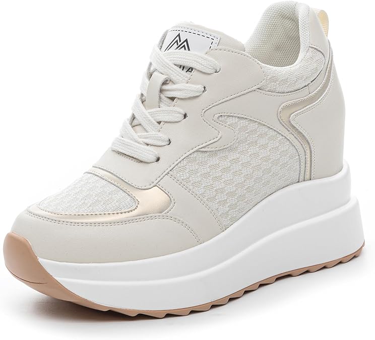 Wedge Trainers for Women High Heeled Sneakers Ladies Lace Up Breathable Platform Walking Shoes Hidden Heel 10CM