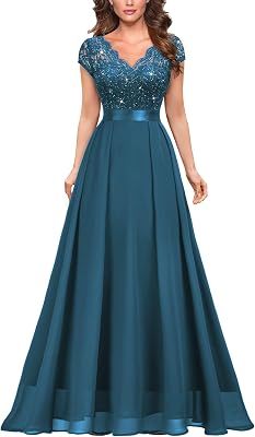 Miusol Womens Elegant V-Neck Cap Sleeve Sequined Floral Lace Formal Party Maxi Dress