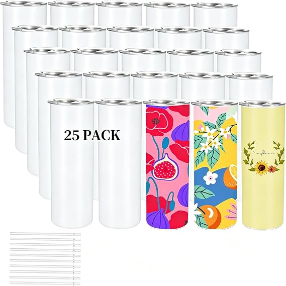 20 oz Sublimation Tumblers Blanks Skinny White, 25 Pack Stainless Steel Double Wall Insulated Straight Sublimation Cups with lid and strawfor Tumbler Heat Press Machine Sublimation Print