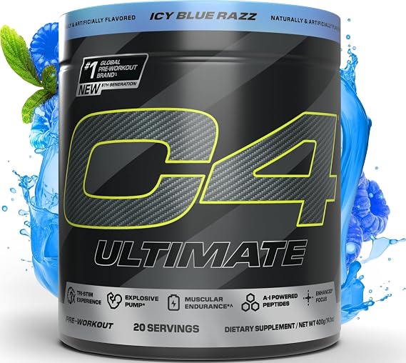 C4 Ultimate Pre-Workout, 300mg Caffeine with Zero Sugar, 20 Servings | Icy blue razz flavor with 300mg caffeine, citrulline, creatine & beta-alanine for energy, pumps and focus.