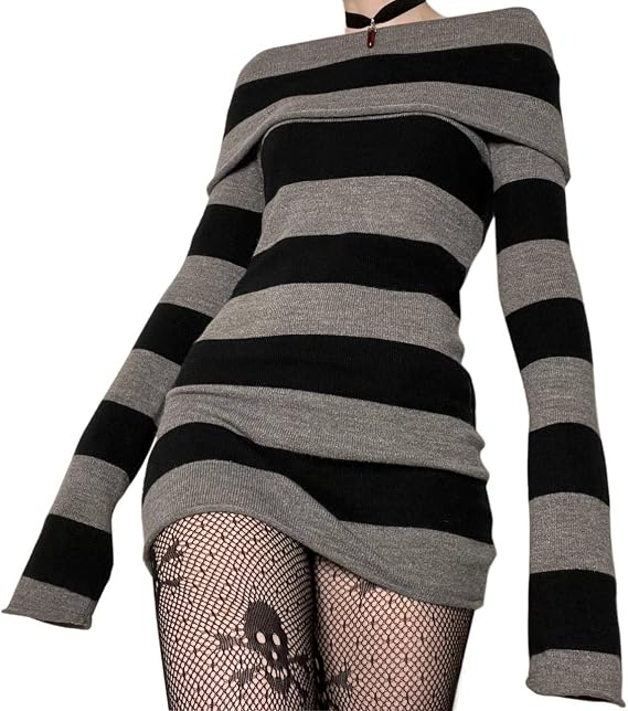 KOSUSANILL Fairy Grunge Y2k Long Sleeve Shirt Mini Dress Striped Graphic Printed Slim Fitted Bodycon Tops Vintage Aesthetic Fairycore Tee Shirts (Black Striped Off Shoulder, M)