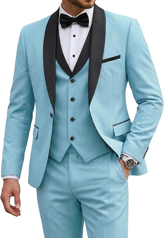 YND Men's 3 Piece Tuxedo Set with Bow Tie, Slim Fit One Button Shawl Lapel Suit Blazer Vest Pants, for Wedding Prom Dinners