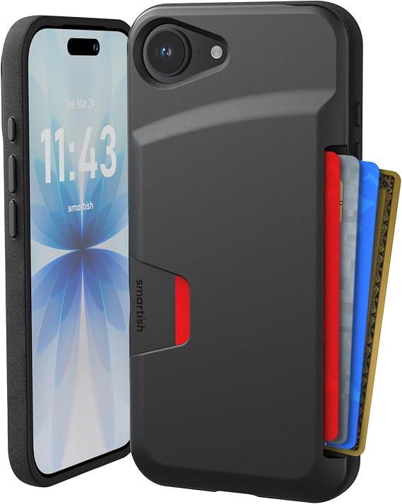 Smartish iPhone 17e/16e Wallet Case, Card Holder, Wallet Slayer V1, Black | Drop-Tested from 6 Feet, Holds 4 Cards + Cash, Protective & Slim, Thin & Grippy, Hidden Credit Card Slot for Apple iPhone