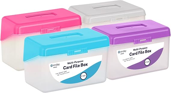 Emraw Index Card Holder 3 x 5 Index Card Case Holds up to 250 Cards Ideal for Filing Notes, Addresses & Recipes, Grey, Pink, Purple, Blue (Pack of 4)