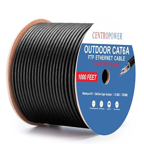 Outdoor Waterproof Direct Burial Cat5e Ethernet Cable, 1000ft | 24AWG Solid Bare Copper Conductor, CMR, UTP, UV Resistant, 350MHz, Black, PoE++, 4PPoE, ETL Listed