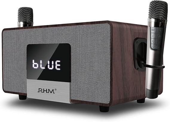 K222 Karaoke Machine, Connect to TV via Optical, with Powerful Sound | Deep Bass & 2 UHF Wireless Mics, Support Bluetooth/AUX/USB/PC, Wooden Karaoke System for Home, Singing Party, Christmas