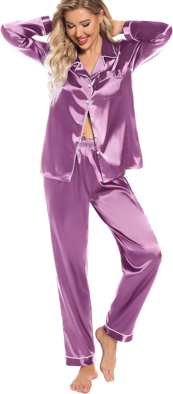 Pjmlifecoco Women Satin Pajamas Long Sleeve Soft Silk Pjs Set Button Down Sleepwear Two-Piece Loungewear S-XXL