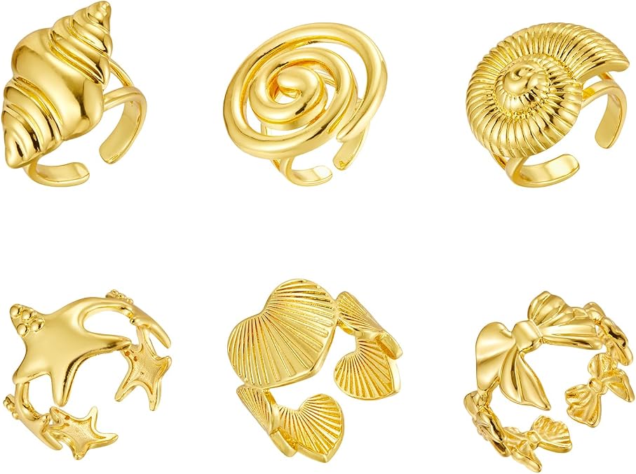 Yuoos 6PCS Gold Seashell Rings for Women Beach Surfer Swirl Conch Starfish Chunky Rings 18k Gold Dainty Seashell Heart Bow Stacking Rings Summer Jewelry for Women