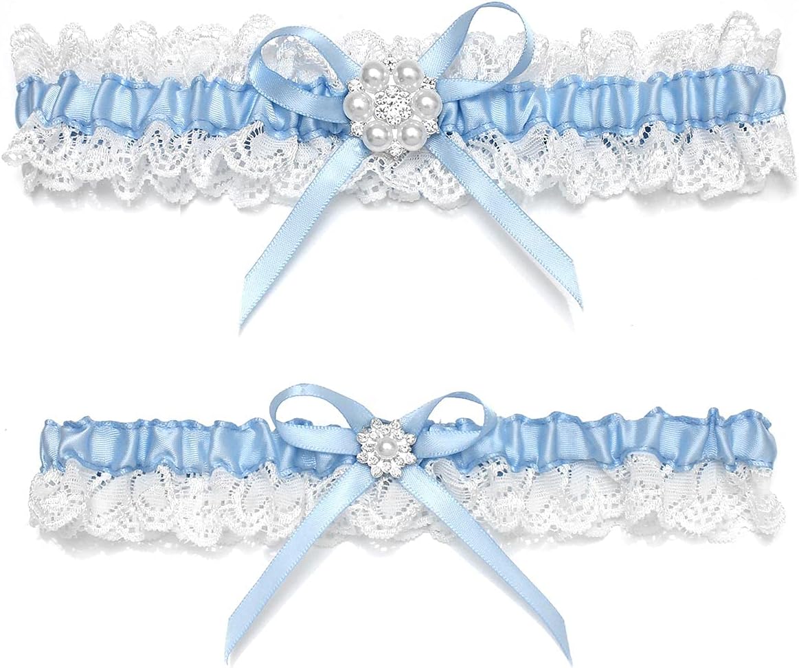 GARGALA Blue Lace Wedding Garters for Bride, Bridal Garter Set with Rhinestone Satin Bow