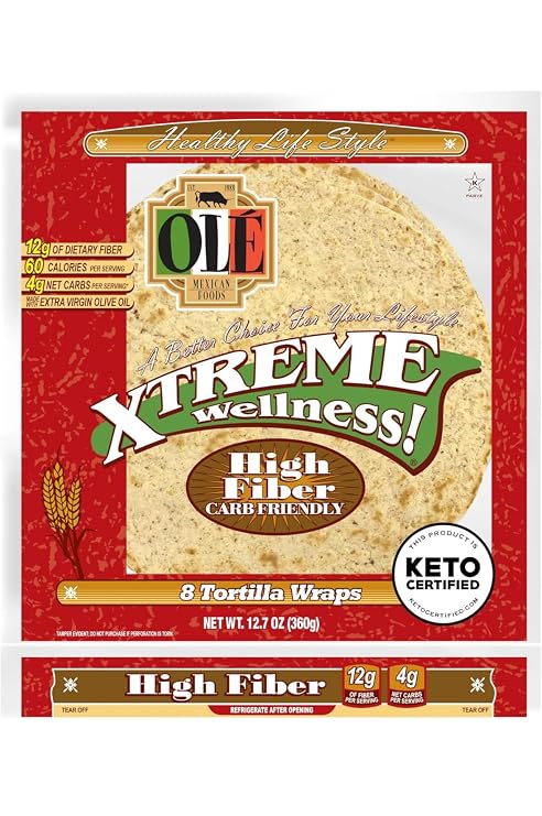 Ole Xtreme WellnessTM High Fiber | Flour Tortilla Wraps | 8" Size | 8 Count Each Pack | 4 Pack Case