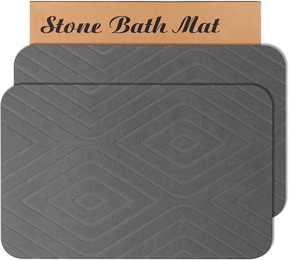 2 Pack Stone Bath Mat, Diatomaceous Earth Shower Mat, Non-Slip Super Absorbent Quick Drying Bathroom Kitchen Floor Mat(Grey, 60x39CM)