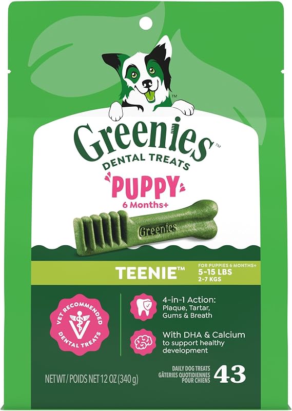 Greenies Puppy Teenie Natural Dental Dog Treats, Original Flavor, 43 Count | Vet-recommended, clinically-proven, for puppies 6 months+, cleans to gumline, DHA & calcium, puppy dog treats, dogs 5-15 lbs