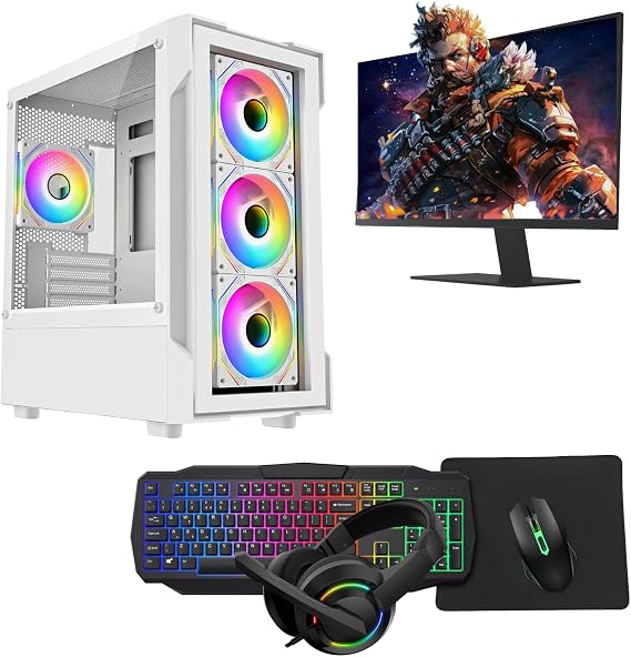 Gaming PC – Intel Core i7, GT710 2GB Graphics, 16GB RAM, 1TB HDD+128GB SSD, 22" Monitor, Keyboard, Mouse, Headset, Windows 11, WiFi – Gaming PC Bundle (Neo White)