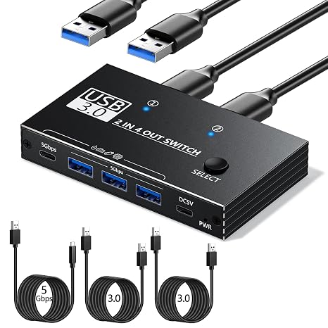 USB Switcher 2 Computers Sharing - 5Gbps USB 3.0 Switch Share 4 Port Devices, Plug and Play, Aluminum USB3.0 Switch Selector 2 PCs Share Keyboard Mouse Printer Scanner with One Button